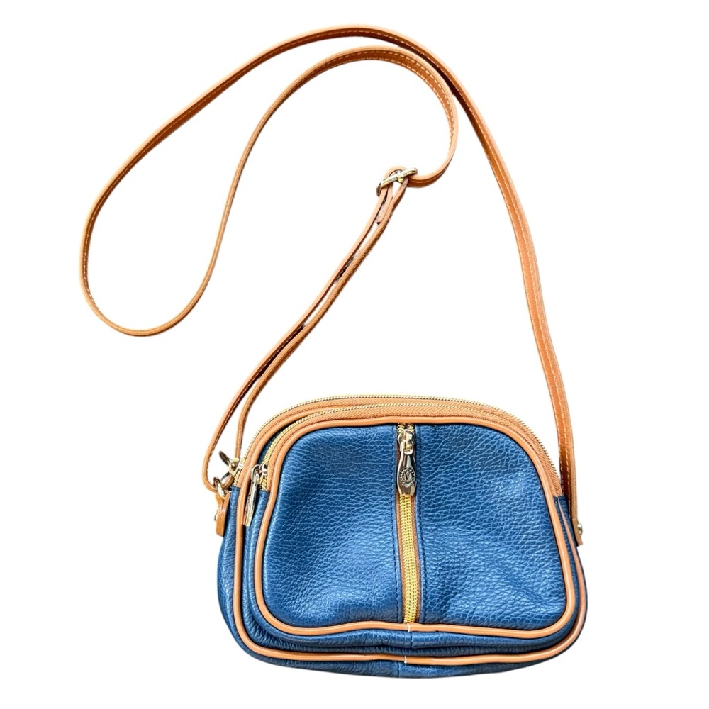 Valentina Italian Blue/Tan Genuine Leather Crossbody Bag Purse Adjustable Strap